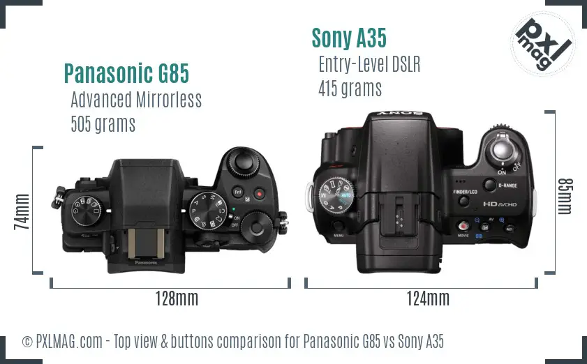 Panasonic G85 vs Sony A35 top view buttons comparison Panasonic G85 vs Sony A35 top view buttons comparison