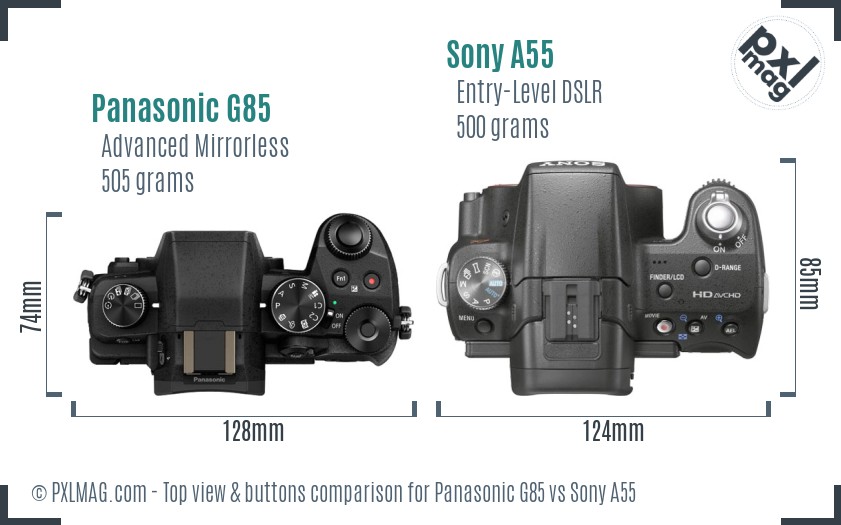 Panasonic G85 vs Sony A55 top view buttons comparison