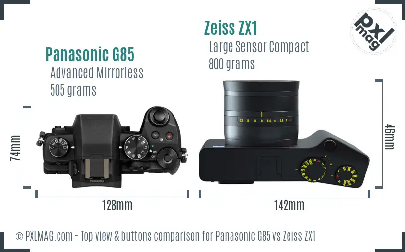 Panasonic G85 vs Zeiss ZX1 top view buttons comparison