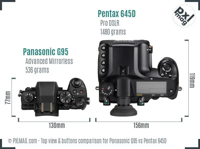 Panasonic G95 vs Pentax 645D top view buttons comparison