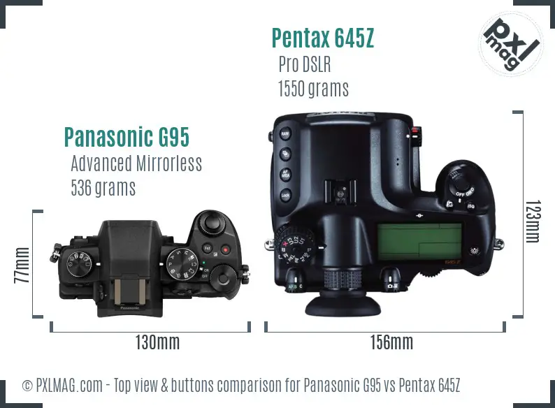 Panasonic G95 vs Pentax 645Z top view buttons comparison
