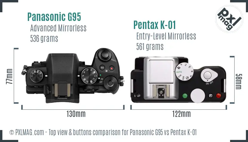 Panasonic G95 vs Pentax K-01 top view buttons comparison