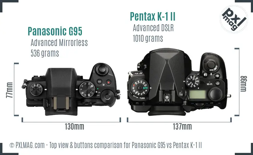 Panasonic G95 vs Pentax K-1 II top view buttons comparison