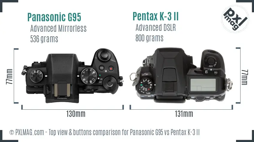 Panasonic G95 vs Pentax K-3 II top view buttons comparison