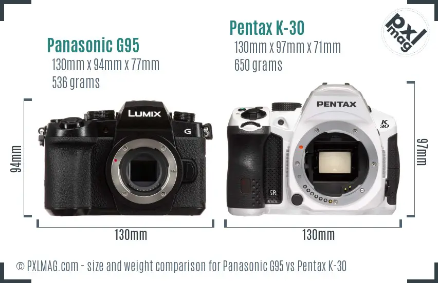 Panasonic G95 vs Pentax K-30 size comparison