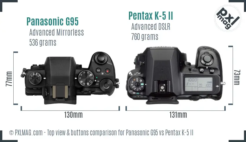 Panasonic G95 vs Pentax K-5 II top view buttons comparison