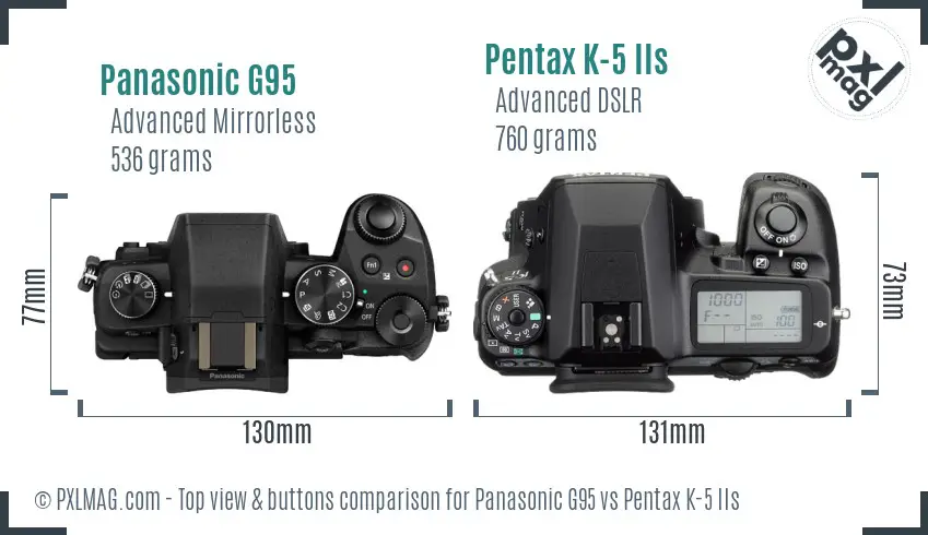 Panasonic G95 vs Pentax K-5 IIs top view buttons comparison