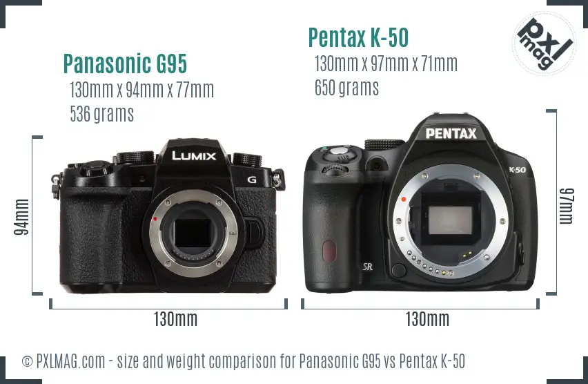 Panasonic G95 vs Pentax K-50 size comparison