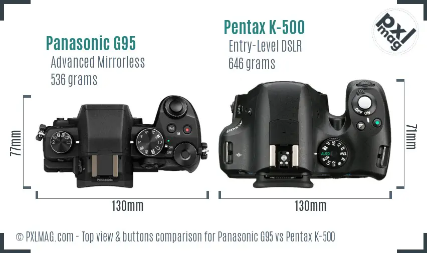 Panasonic G95 vs Pentax K-500 top view buttons comparison