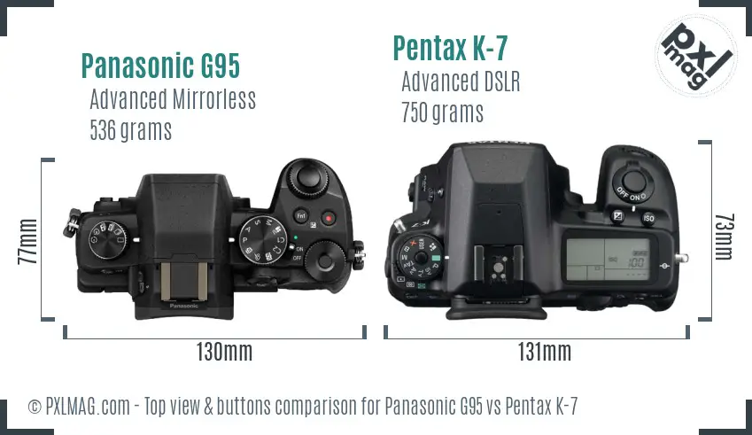 Panasonic G95 vs Pentax K-7 top view buttons comparison