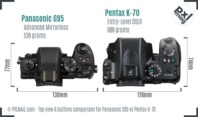 Panasonic G95 vs Pentax K-70 top view buttons comparison