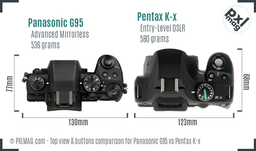 Panasonic G95 vs Pentax K-x top view buttons comparison