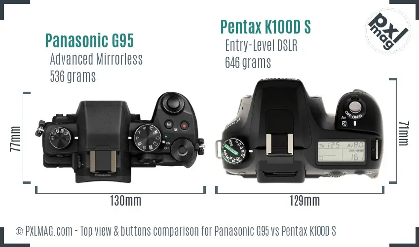 Panasonic G95 vs Pentax K100D S top view buttons comparison