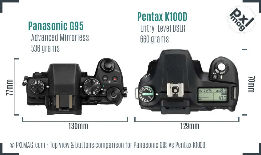 Panasonic G95 vs Pentax K100D top view buttons comparison