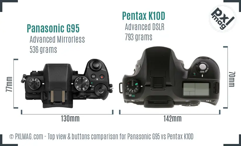 Panasonic G95 vs Pentax K10D top view buttons comparison