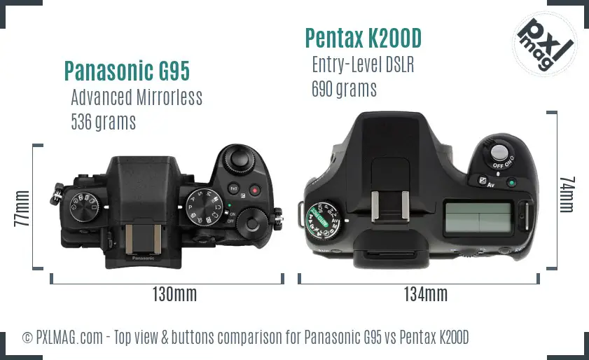 Panasonic G95 vs Pentax K200D top view buttons comparison