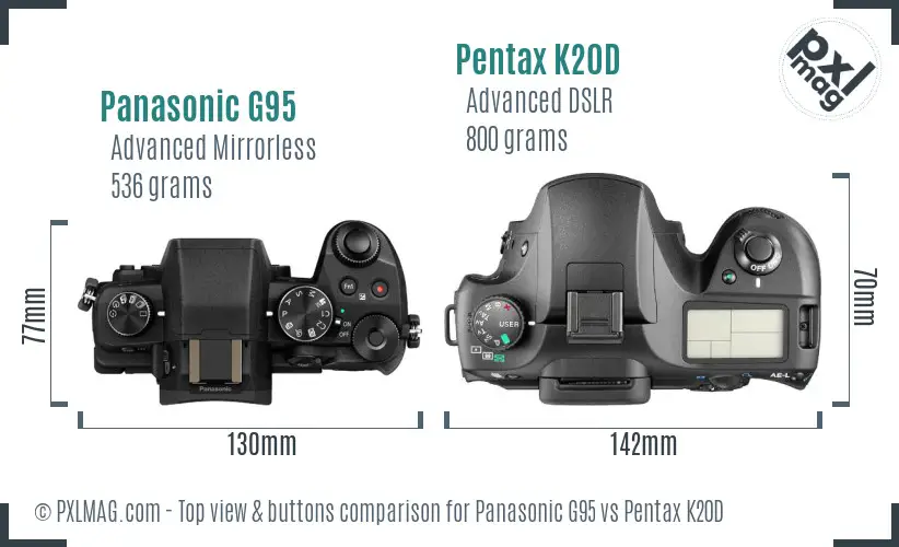 Panasonic G95 vs Pentax K20D top view buttons comparison