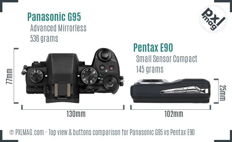 Panasonic G95 vs Pentax E90 top view buttons comparison
