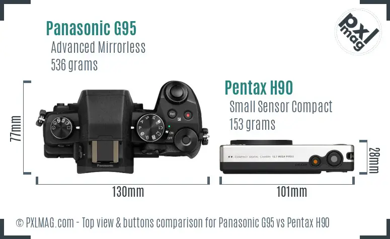 Panasonic G95 vs Pentax H90 top view buttons comparison