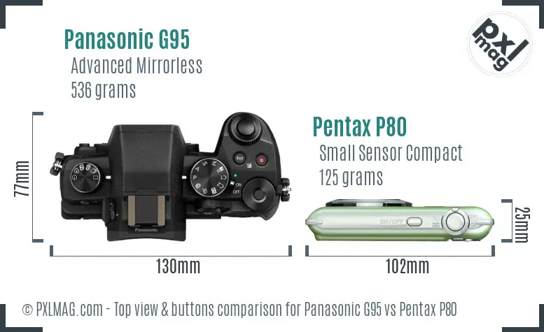 Panasonic G95 vs Pentax P80 top view buttons comparison