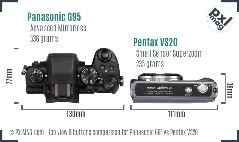 Panasonic G95 vs Pentax VS20 top view buttons comparison