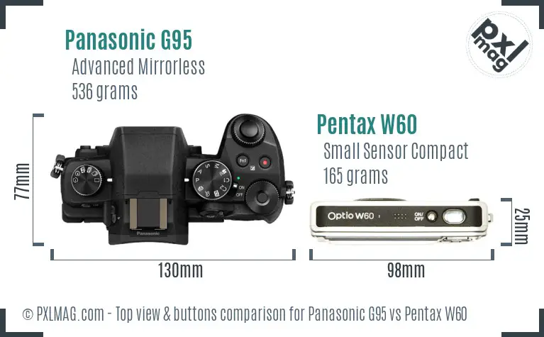 Panasonic G95 vs Pentax W60 top view buttons comparison