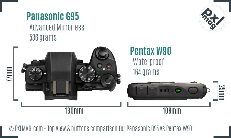 Panasonic G95 vs Pentax W90 top view buttons comparison