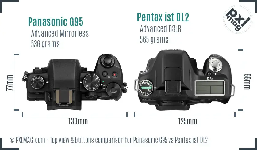 Panasonic G95 vs Pentax ist DL2 top view buttons comparison