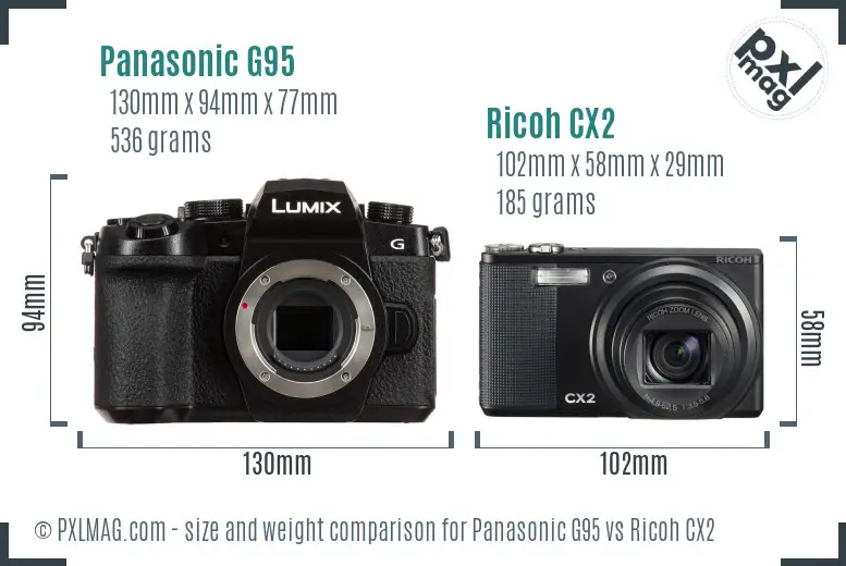 Panasonic G95 vs Ricoh CX2 size comparison