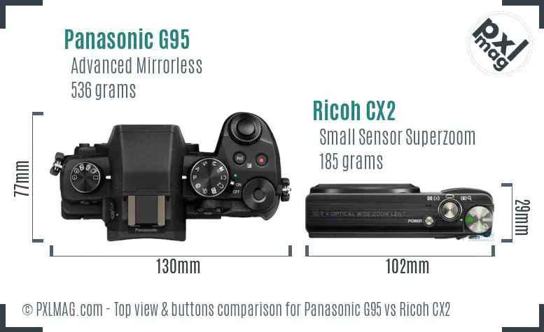 Panasonic G95 vs Ricoh CX2 top view buttons comparison