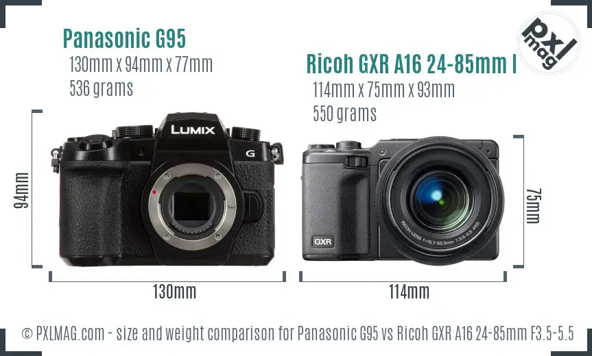 Panasonic G95 vs Ricoh GXR A16 24-85mm F3.5-5.5 size comparison