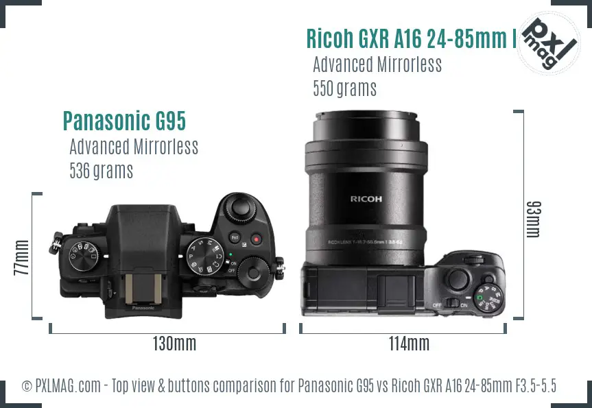 Panasonic G95 vs Ricoh GXR A16 24-85mm F3.5-5.5 top view buttons comparison
