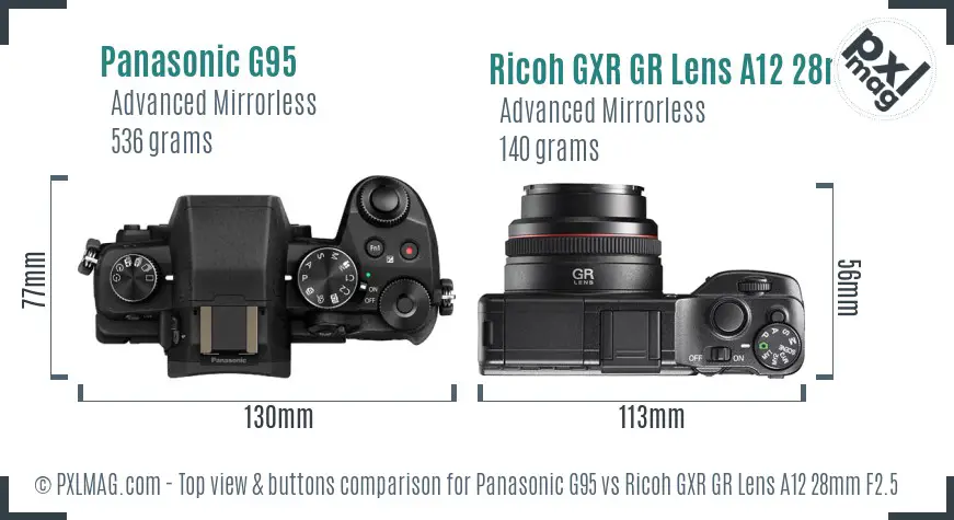 Panasonic G95 vs Ricoh GXR GR Lens A12 28mm F2.5 top view buttons comparison Panasonic G95 vs Ricoh GXR GR Lens A12 28mm F2.5 top view buttons comparison