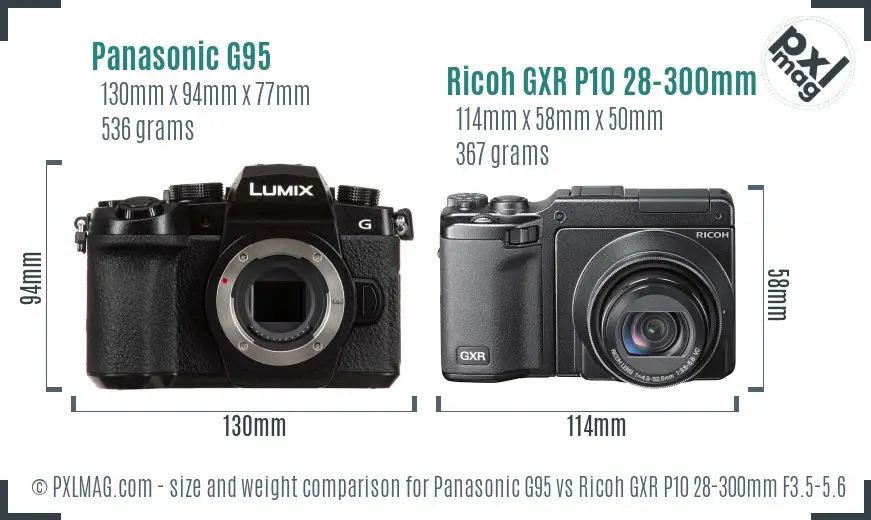 Panasonic G95 vs Ricoh GXR P10 28-300mm F3.5-5.6 VC size comparison