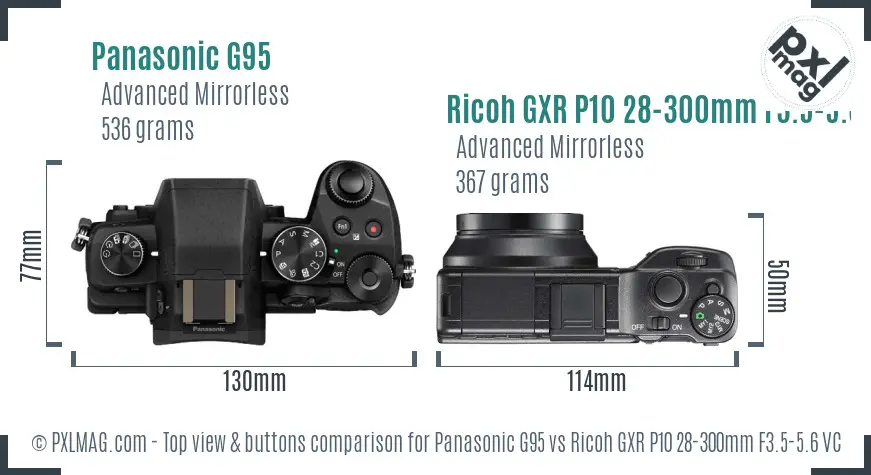 Panasonic G95 vs Ricoh GXR P10 28-300mm F3.5-5.6 VC top view buttons comparison