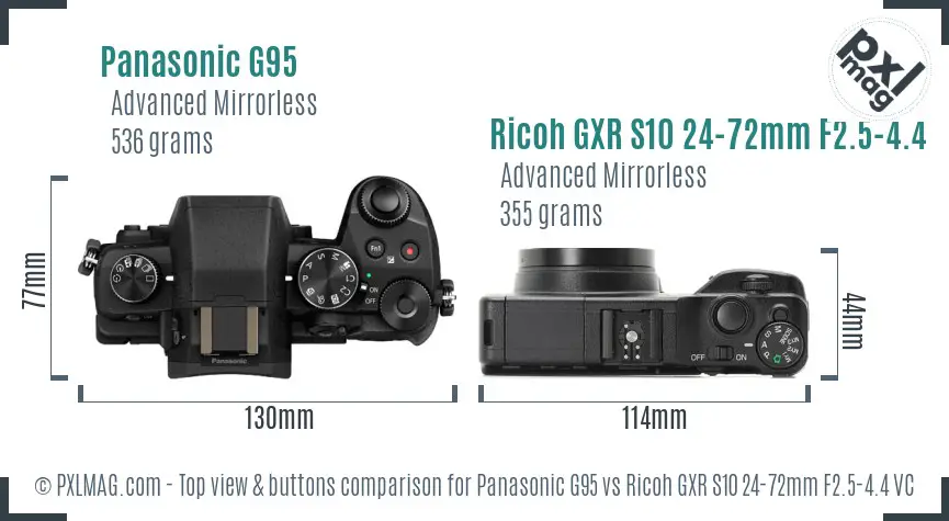 Panasonic G95 vs Ricoh GXR S10 24-72mm F2.5-4.4 VC top view buttons comparison