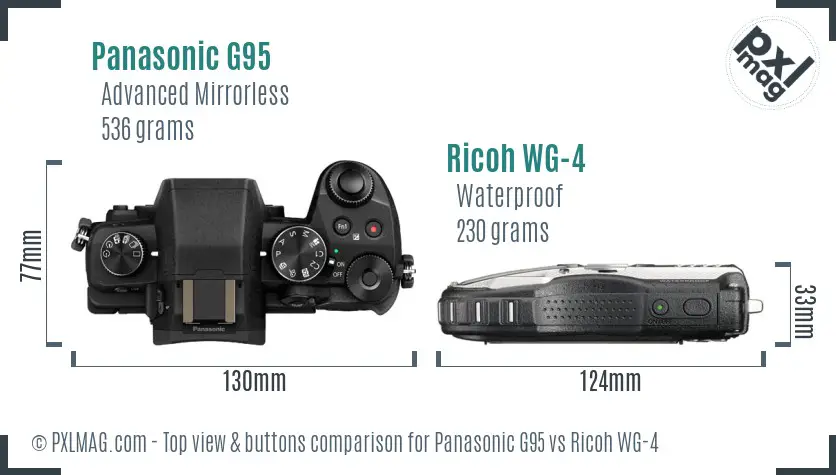 Panasonic G95 vs Ricoh WG-4 top view buttons comparison