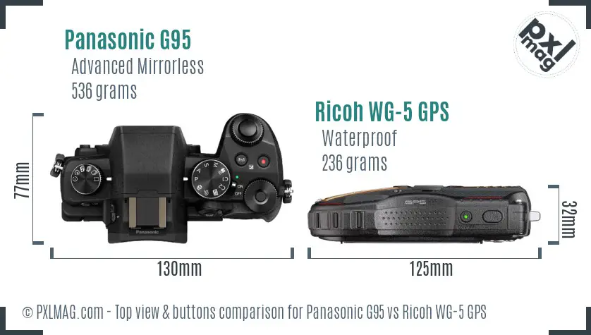 Panasonic G95 vs Ricoh WG-5 GPS top view buttons comparison