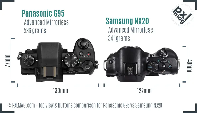 Panasonic G95 vs Samsung NX20 top view buttons comparison Panasonic G95 vs Samsung NX20 top view buttons comparison