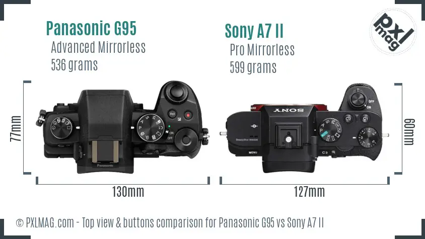 Panasonic G95 vs Sony A7 II top view buttons comparison