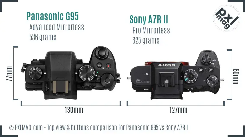 Panasonic G95 vs Sony A7R II top view buttons comparison