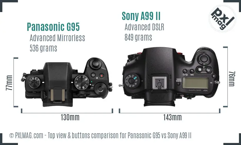 Panasonic G95 vs Sony A99 II top view buttons comparison