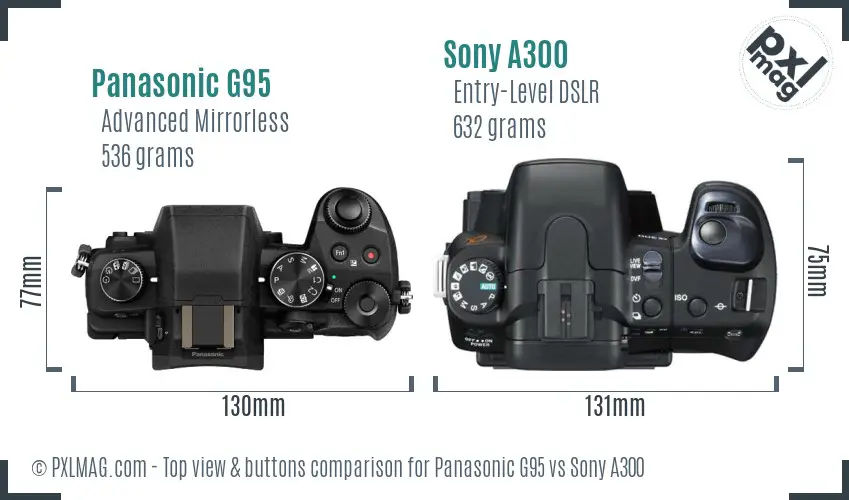 Panasonic G95 vs Sony A300 top view buttons comparison