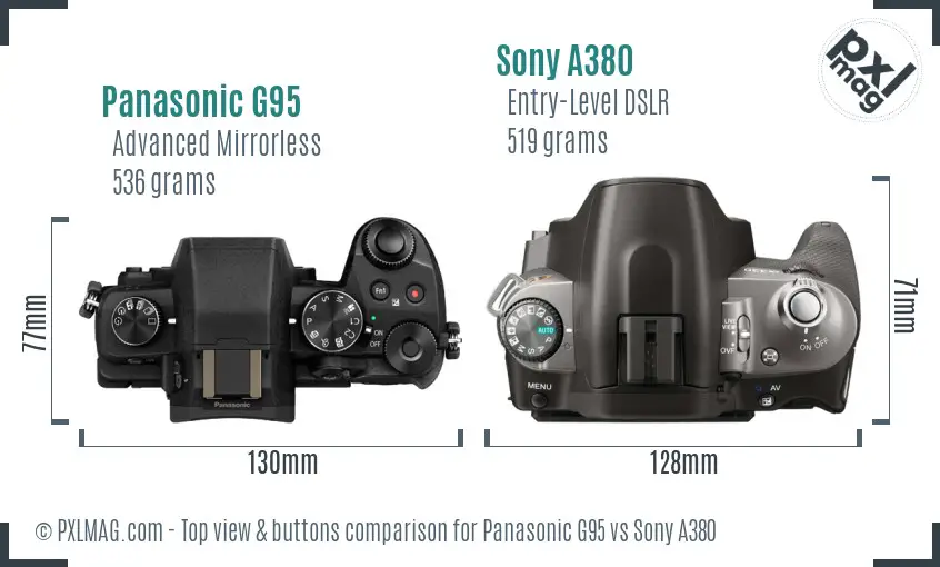 Panasonic G95 vs Sony A380 top view buttons comparison