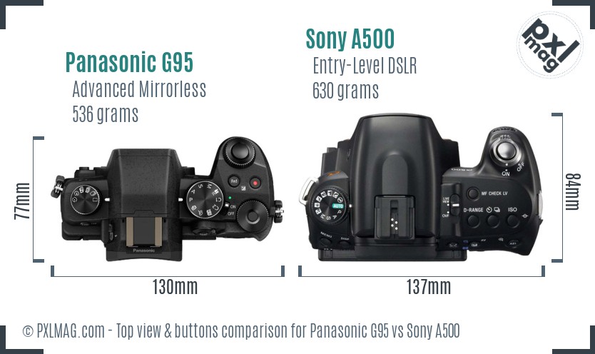 Panasonic G95 vs Sony A500 top view buttons comparison