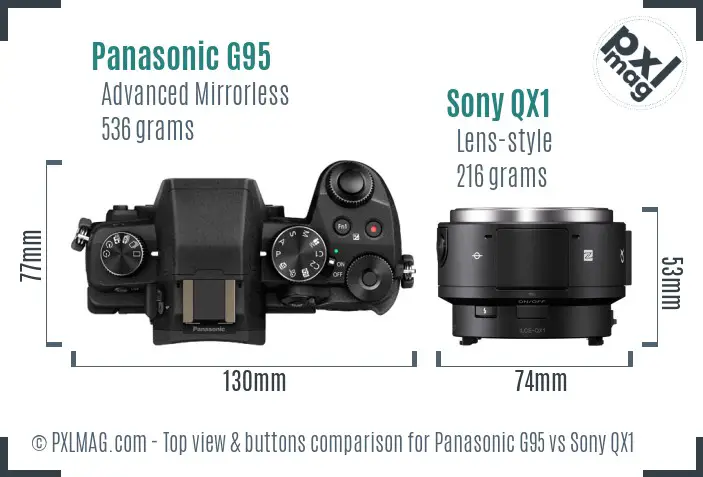 Panasonic G95 vs Sony QX1 top view buttons comparison