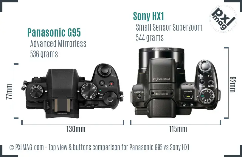 Panasonic G95 vs Sony HX1 top view buttons comparison Panasonic G95 vs Sony HX1 top view buttons comparison