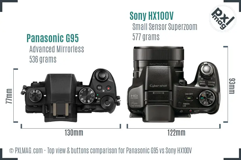 Panasonic G95 vs Sony HX100V top view buttons comparison Panasonic G95 vs Sony HX100V top view buttons comparison