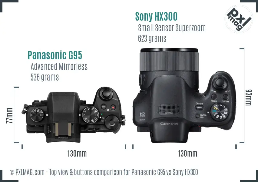 Panasonic G95 vs Sony HX300 top view buttons comparison