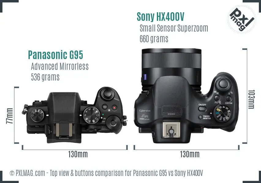 Panasonic G95 vs Sony HX400V top view buttons comparison Panasonic G95 vs Sony HX400V top view buttons comparison
